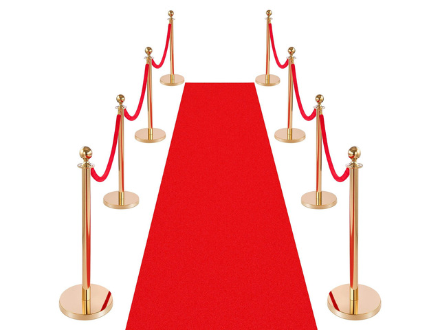 VEVOR Stanchion Post, 8 Pcs Crowd Control Barrier Set with Red Carpet, 6 Red Velvet Ropes, Stainless Steel Gold Stanchion Post Queue with Hollow...