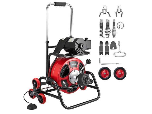 VEVOR Drain Cleaner Machine 75 FT x 1/2 Inch, Auto Feed Sewer Snake Auger, Portable Drain Cleaning Machine with Climbing Wheels, Adjustable Drum, 8...