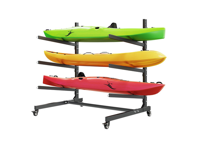 VEVOR Kayak Storage Rack for 3 Kayaks, Holds 200 lbs, Heavy Duty Adjustable Freestanding Stand with Lockable Wheels for Indoor Outdoor Garage Shed...