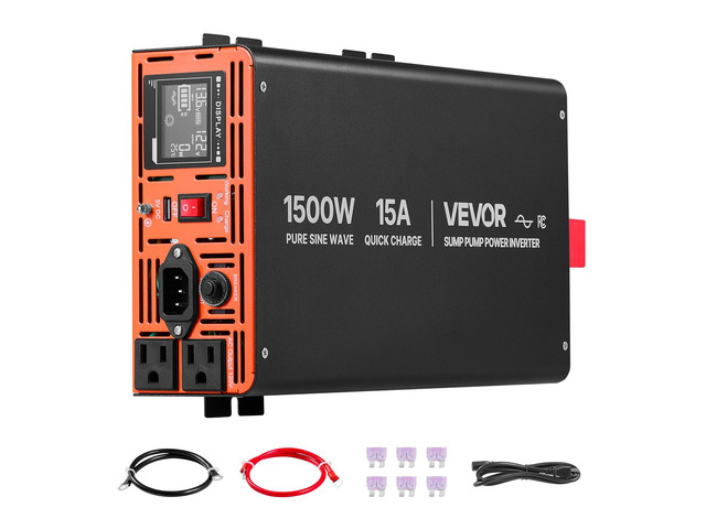 VEVOR 1500W Sump Pump Battery Backup System, LCD Display, Auto Switches to Battery Inverter Power for Sump Pump, Pure Sine Wave, for Basement...
