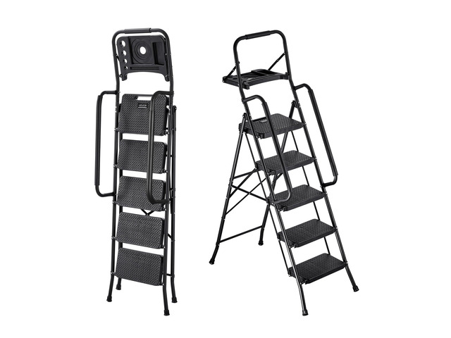 VEVOR 5 Step Ladder, Folding Step Stool with Wide Anti-Slip Pedal, Tool Tray, Dual Side Handrails, 600 lbs Capacity Portable Steel Ladder,...