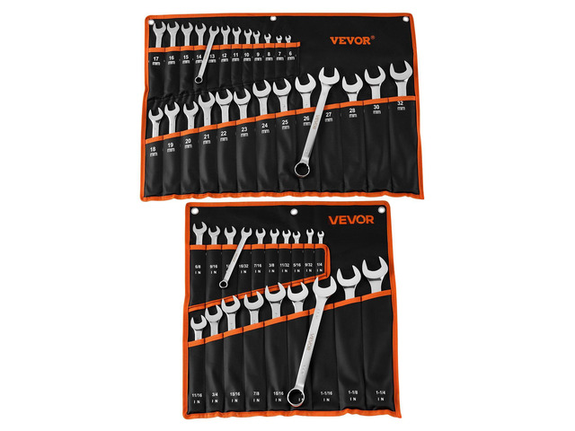 VEVOR Combination Wrench Set, 44-Piece SAE and Metric, 12-Point Box End and 15° Angled Open End Combination Wrenches with Roll Up Pouch, Carbon...
