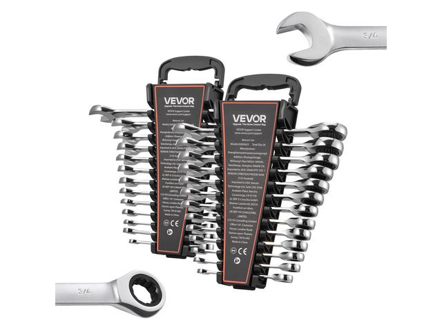 VEVOR Combination Wrench Set, 26-Piece SAE and Metric, 72 Teeth, Cr-V Steel Ratcheting Wrench Set, with Rack Organizer, Open End, Clear Size...