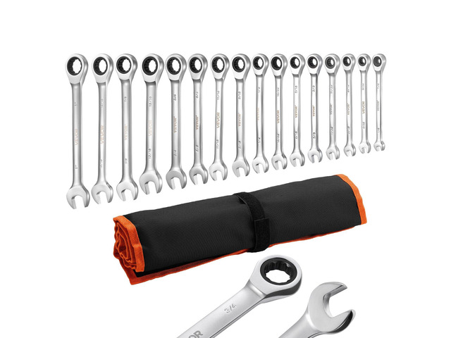 VEVOR Combination Wrench Set, 16-Piece SAE Sizes, 72 Teeth, Cr-V Steel Ratcheting Wrench Set, with Roll Up Pouch, Open End, Clear Size Labels, for...