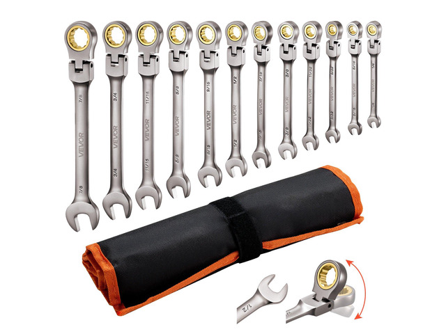 VEVOR Flex-Head Ratcheting Wrench Set, 12-Piece SAE Sizes, 72 Teeth, Cr-V Steel Ratchet Flexible Combination Wrench Set with Roll Up Pouch, for...