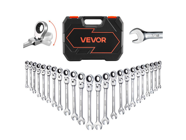 VEVOR Flex-Head Ratcheting Wrench Set, 24-Piece SAE and Metric, 72 Teeth, Cr-V Steel Ratchet Flexible Combination Wrench Set with Storage Case, for...