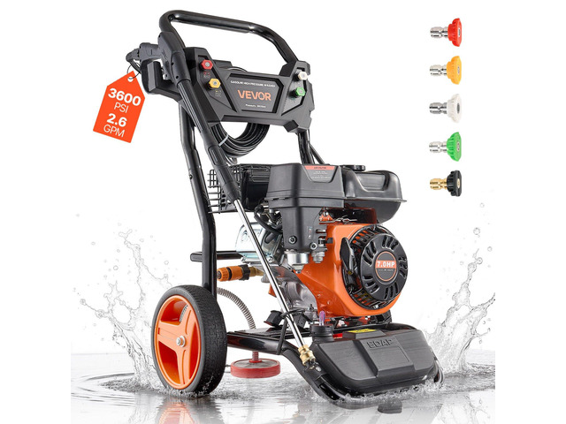 VEVOR Gas Pressure Washer 3600 PSI and 2.6 Max GPM, Full Copper Pump, Spray Gun and Wand, 5 Nozzle Set, 26 ft Hose Gas Powered Pressure Washer for...