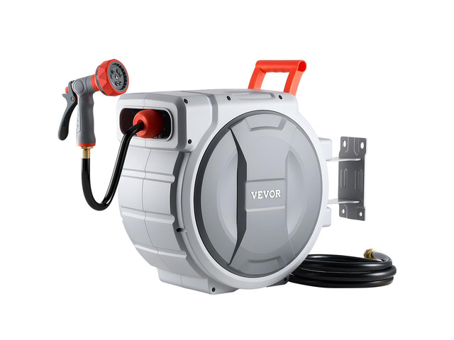 VEVOR Retractable Garden Hose Reel, 1/2 in x 100 ft, Wall Mounted Hose Reel with 9-Function Sprayer Nozzle and 180° Swivel Bracket, Any Length...
