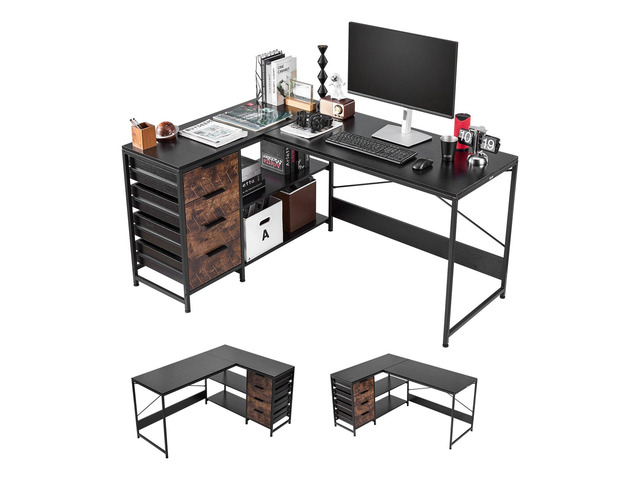 VEVOR L-Shaped Computer Desk, 59-inch Reversible Corner Gaming Desk with Drawers & Storage Shelves, Modern Stylish PC Table Sturdy Work Workstation...