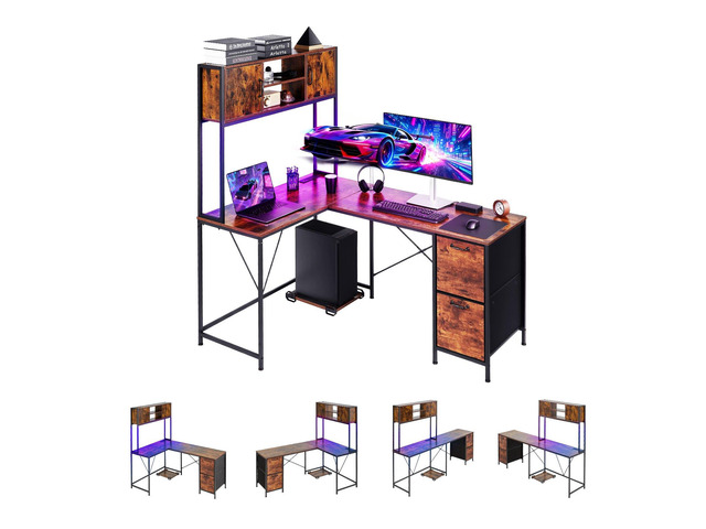 VEVOR L-Shaped Gaming Desk with LED Lights, 62.2-inch Reversible Corner Computer Desk with Power Outlets, Movable CPU Stand & Storage Drawers,...