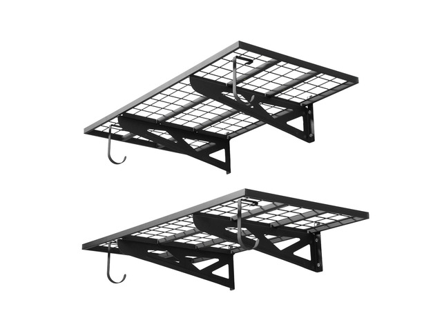 VEVOR 2-Tier Heavy Duty Wall Garage Shelving, 2 x 4 ft Steel Wall Mounted Shelving Unit with Hooks, 24 x 48 Inch Per Shelf Floating Storage Metal...