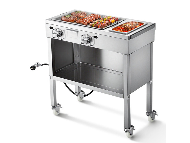 VEVOR Outdoor Propane Griddle, 2 Burners (11,600 BTU Each), Commercial Stainless Steel Gas Griddle Cart with 4 Lockable Wheels, 1/3 Food Pan,...