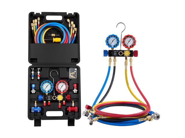 VEVOR AC Manifold Gauge Set for R134a R404A R1234yf R22 Refrigerant, 4 Way AC Gauge with 5 ft Hoses, Adapters, Quick Couplers, Can Taps for...