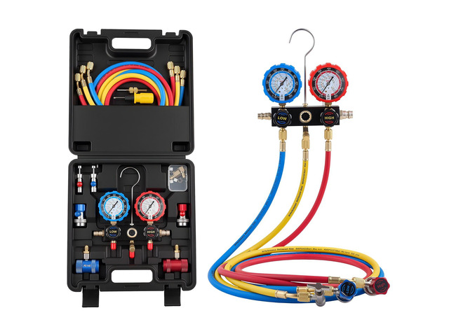 VEVOR AC Manifold Gauge Set for R134a R404A R1234yf R22 Refrigerant, 3 Way AC Gauge with 5 ft Hoses, Adapters, Quick Couplers, Can Taps for...