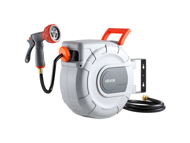 VEVOR Retractable Garden Hose Reel, 1/2 in x 50 ft, Wall Mounted Hose Reel with 9-Function Sprayer Nozzle and 180° Swivel Bracket, Any Length Lock,...