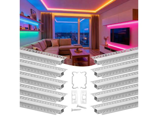 VEVOR Plaster-in LED Aluminum Channel, 10-Pack 6.6 ft/2M, Trimless Recessed Drywall LED Strip Diffuser Channel, with Milky Cover, End Caps and...