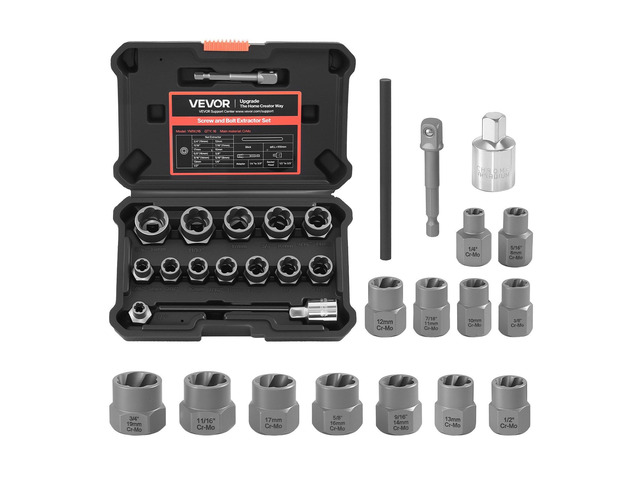 VEVOR Bolt Extractor Kit, 16 Pieces Impact Bolt & Nut Remover Set with Adapters and Pin Punch, Solid Storage Case, Cr-Mo Steel for Removing...
