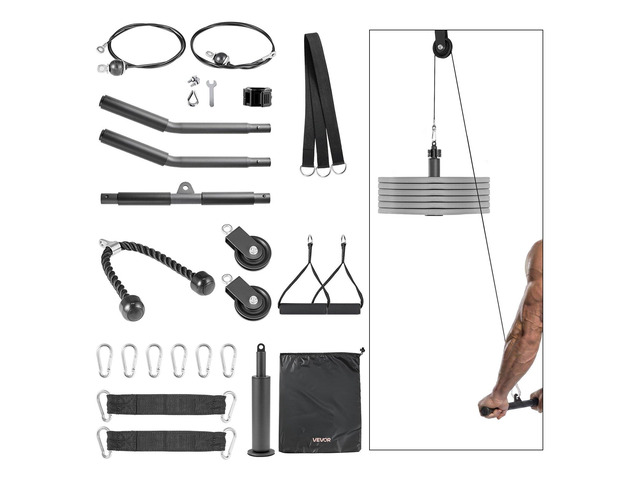 VEVOR Pulley System, 2 PCS LAT and Lift Pulley System, Gym Rack Pulleys Attachment with two Steel Cables, Short Bar, Dual Grip Handles, Cable...