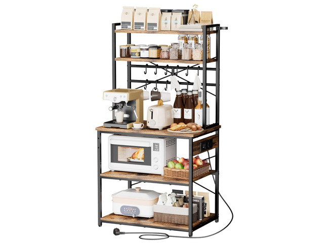 VEVOR Kitchen Bakers Rack, 5 ft Power Cable Bakers Rack with Power Outlet, Kitchen Stand with X-Shaped Support Bar, 12 S-Shaped Hooks, Coffee Bar...