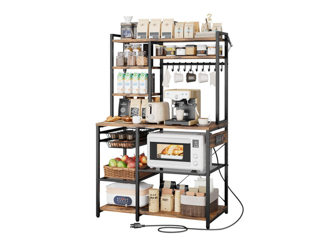 VEVOR Kitchen Bakers Rack, 5 ft Power Cable Bakers Rack with Power Outlet, Kitchen Stand with X-Shaped Support Bar, 10 S-Shaped Hooks, Coffee Bar...