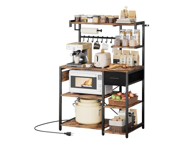 VEVOR Kitchen Bakers Rack, 4.6ft Power Cable Bakers Rack with Power Outlet, Kitchen Stand with X-Shaped Support Bar, 8 S-Shaped Hooks, Coffee Bar...