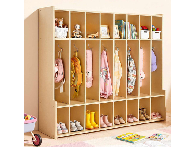 VEVOR 8-Section Kids Coat Locker, Wooden Toddler Cubby Storage Organizer with 16 Hooks & Anti-Tip Kit, Modern Kid Coat Cubbies with 16 Small Open...