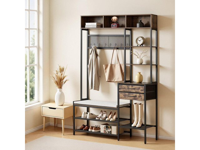 VEVOR Hall Tree, 70.9 in Coat Rack with Shoe Bench & 2 Drawers, 3-in-1 Freestanding Shoe Rack Storage Organizer with Bookshelf & Wire Shelf, Steel...
