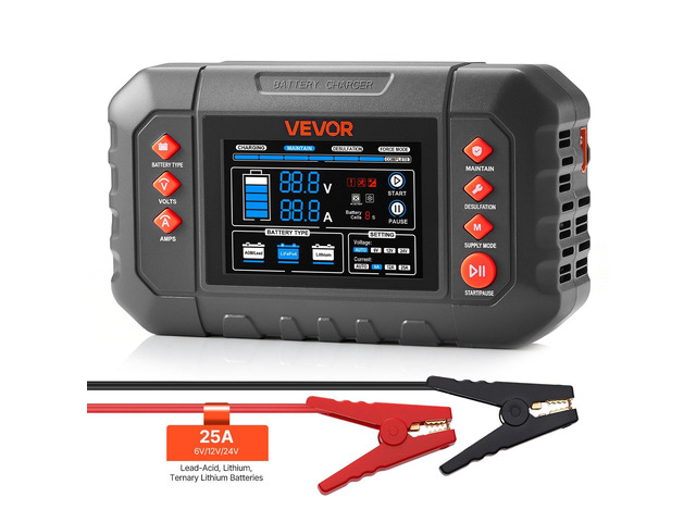 VEVOR Smart Battery Charger, 25A, 6V 12V 24V Ternary Lithium LiFePO4 Lead-Acid (Gel/AGM) Battery Charger, with 3.4-Inch LCD Display, Trickle...