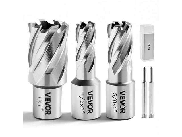 VEVOR Annular Cutter Set, 5 pcs Weldon Shank Mag Drill Bits Kit, 1' Cutting Depth, 1/2', 5/8', 1' Cutting Diameter, HSS, 3 Drill Bits with 2 Pilot...