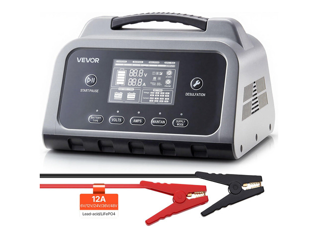 VEVOR Smart Battery Charger, 12A, 6V 12V 24V 36V 48V Lithium LiFePO4 Lead-Acid (Gel / AGM) Car Battery Charger, with LCD Display, Trickle Charging...