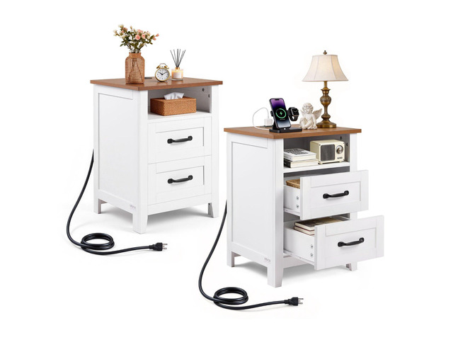 VEVOR Farmhouse Nightstands, with Charging Station, Set of 2, End Tables with 2 Drawers and Open Shelf, Bedside Storage Cabinets, Rustic Side...