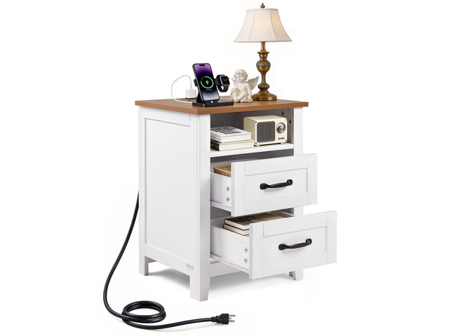 VEVOR Farmhouse Nightstand, with Charging Station, End Table with 2 Drawers and Open Shelf, Bedside Storage Cabinet, Rustic Side Table with USB...