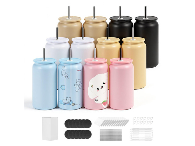 VEVOR Sublimation Tumblers, 12 Pack, 16 oz Multicolored Tumblers Bulk, Stainless Steel Sublimation Cups with Lids and Straws, Double Wall Insulated...