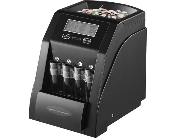 VEVOR USD Coin Sorter, Coin Counter Machine for 4 Kinds of USD Coins, Coin Sorter and Wrapper Machine Holds up to 200 Coins, LCD Screen Display...