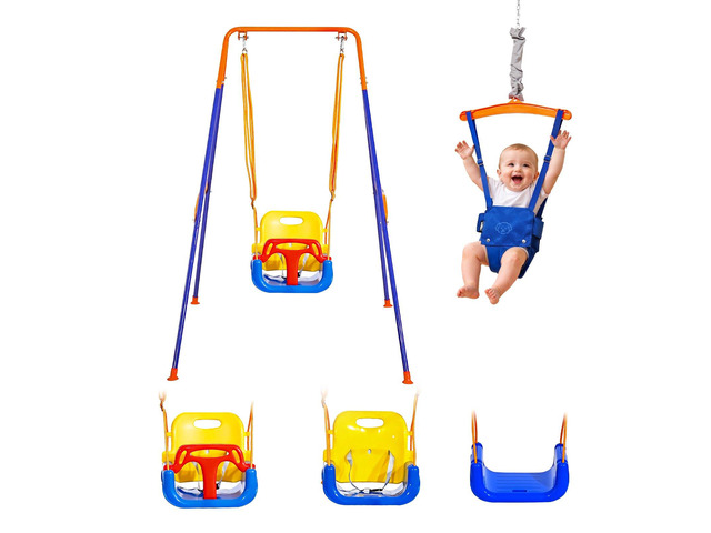 VEVOR Toddler Swing and Jumper, 2 in 1 Swing Set and Bouncer, Thick Plastic Seat with Foldable A-Frame Metal Stand, Reinforced with 4 Sandbags,...