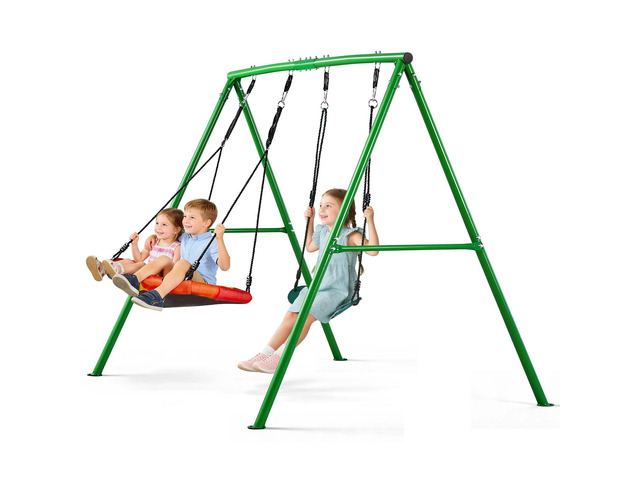 VEVOR Swing Set for Backyard, 32 in Saucer Swing Seat and Belt Seat, with Heavy Duty A-Frame Metal Stand, 440 lbs Load Capacity, Reinforced with...
