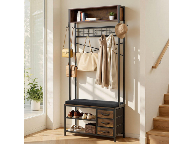 VEVOR Hall Tree, 70.9 in Coat Rack with Shoe Bench & 3 Drawers, 3-in-1 Freestanding Shoe Rack Storage Organizer with Bookshelf & Wire Shelf, Steel...