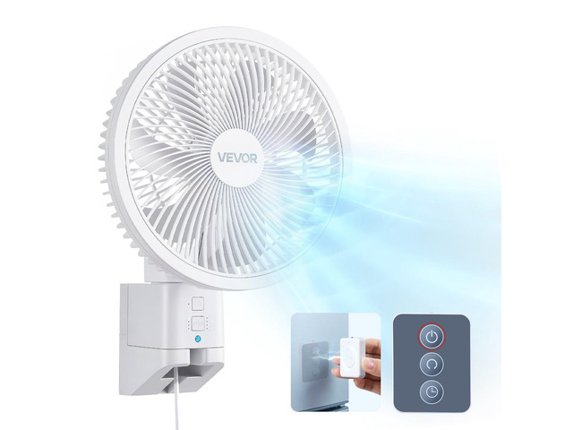 VEVOR 8.5 in Wall Mount Fan, Oscillating Hanging Fan with Remote Control, 10 ft Powerful Airflow, DC Motor, 4 Speeds & Timer, Auto 90° Horizontal &...