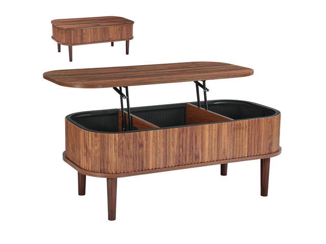 VEVOR 39.4 in Lift Top Coffee Table, Fluted Oval Coffee Table with 3 Hidden Compartment, Mid Century Wooden Oval Center Desk with Storage, Lift Up...