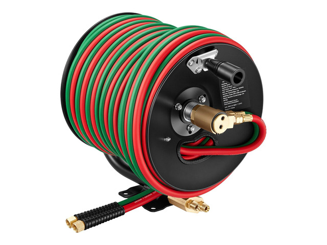 VEVOR Retractable Welding Hose Reel, Hand Crank Manual Rewind Hose Reel with 1/4 Inch x 100FT Twin Oxygen Acetylene Rubber Hose Max 300PSI - T...