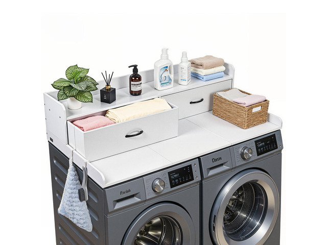VEVOR Washer Dryer Countertop with Shelf, 54 x 27.5 in Wooden Washer and Dryer Topper with 2 Drawers & 2 Hooks, Laundry Machine Topper for Laundry...