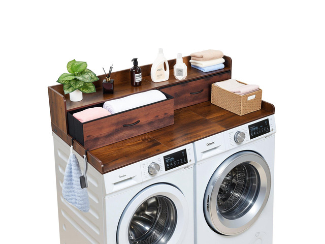 VEVOR Washer Dryer Countertop with Shelf, 54 x 27.5 in Wooden Washer and Dryer Topper with 2 Drawers & 2 Hooks, Laundry Machine Topper for Laundry...