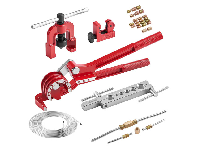 VEVOR 3/16' Brake Line Repair Kit, 45° Single Brake Line Flaring Tool Kit, 25FT Copper-Coated Brake Line with 20 Fittings & 2 Unions, 3-in-1 Tube...