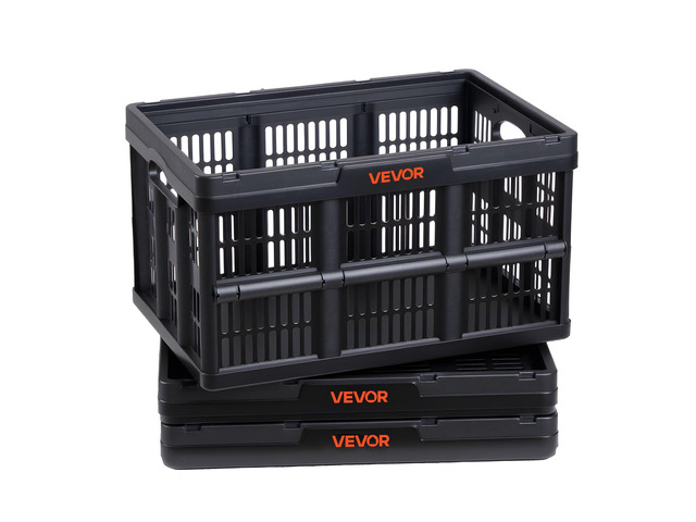 VEVOR Plastic Collapsible Storage Bins, 45L 3 Packs, Stackable Folding Storage Crates with Handles, Holds 33 lbs Per Bin, Foldable Heavy Duty...