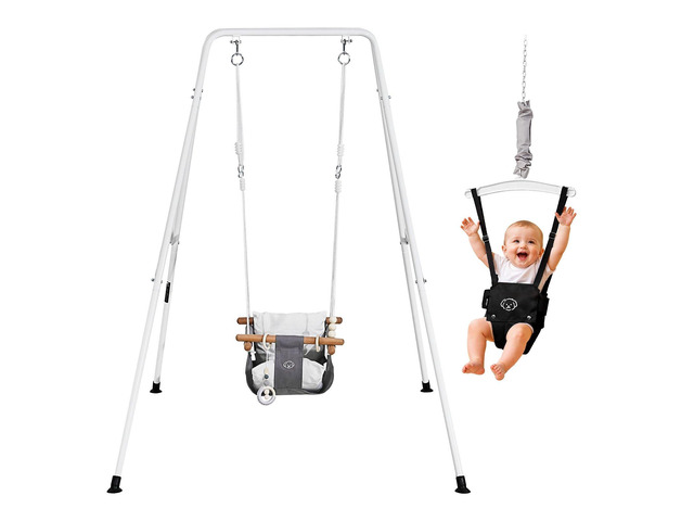 VEVOR Toddler Swing and Jumper, 2 in 1 Swing Set and Bouncer, Soft Cushion with Foldable A-Frame Metal Stand, Heavy-Duty Thick Ropes, Easy to...