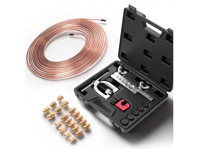 VEVOR 3/16' Brake Line Repair Kit, 45° Double & Single Brake Line Flaring Tool Kit, 25FT Copper Coated Brake Line (with 16 Fittings & 4 Unions) -...