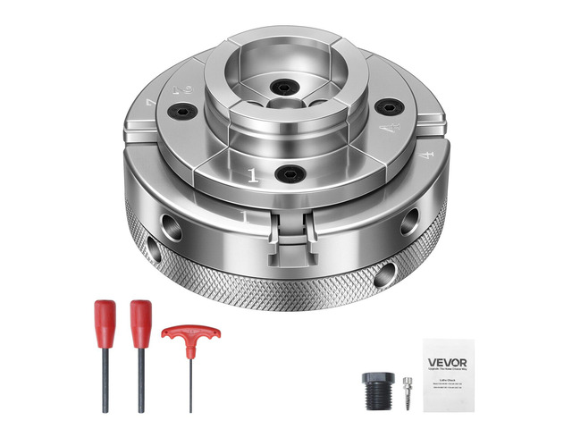 VEVOR 4 Inch Wood Lathe Chuck, 4-Jaw, Self-Centering Wood Turning Chuck Set with 1' x 8TPI Thread & Adapter, Nickel-Plated, High-Hardness Steel,...