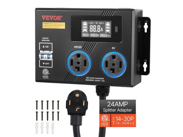 VEVOR Automatic EV Charging Switch, NEMA 14-30, Splitter Switch for Dryer & EV Charger, 24A Max 240V Smart Power Distribution with Circuit Breaker,...