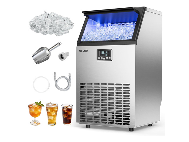 VEVOR Commercial Ice Maker Machine, 100 lbs/24h with 26 lbs Storage Capacity, Built-in/Freestanding/Under Counter, Stainless Steel Ice Maker with...