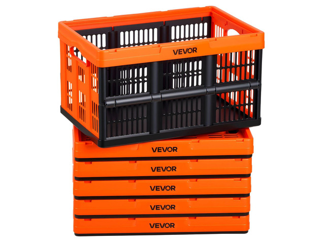 VEVOR Plastic Collapsible Storage Bins, 45L 6 Packs, Stackable Folding Storage Crates with Handles, Holds 33 lbs Per Bin, Foldable Heavy Duty...